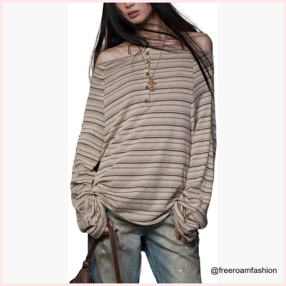 Oversized Striped Off Shoulder Long Sleeve T-Shirt Y2K Grunge Streetwear